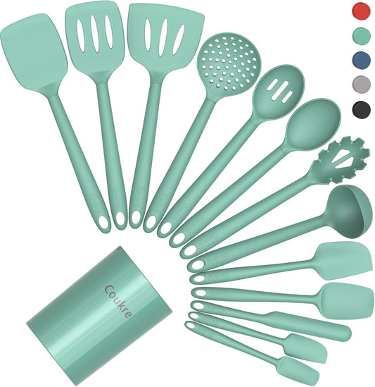 Coukre Silicone Kitchen Cooking Utensils Set with Holder – Heat-Resistant, Food-Grade Kitchen Tools, Spatula, Spoon & Gadgets for Non-Stick Pans, Dishwasher Safe (14, PureAquaGreen)
