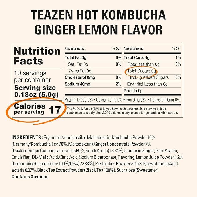 TEAZEN Lemon Ginger Hot Kombucha Tea, Spice Tea, Live Probiotics & Postbiotics, Relaxation and Warmth for Colds and Sore Throat, Hydration Drink Mix, Sugar Free, 10 Sticks, 1.76oz