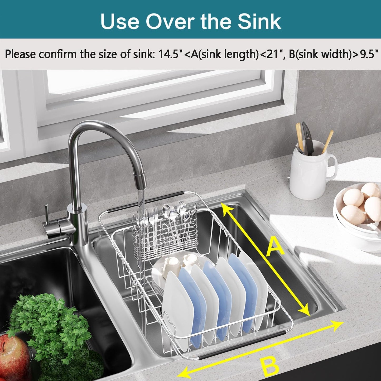 Small Dish Drainer Rack in Sink Adjustable, Expandable 304 Stainless Steel Metal Dish Drying Rack Organizer with Stainless Steel Utensil Holder Over Inside Sink Counter, Rustproof(For 1-2 People)