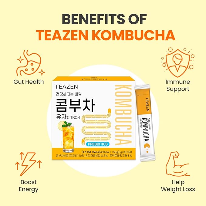TEAZEN Citron Kombucha Tea, Hydration Drink Mix, Sugar Free, Live Probiotics & Prebiotics, 30 Sticks, 5.29oz