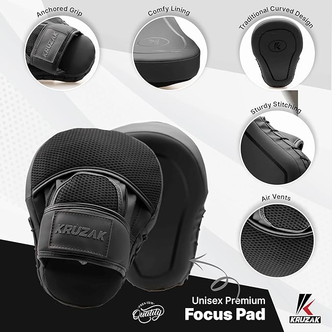Kruzak Matte Black Boxing Gloves and Pads, Boxing Gloves Training Set for Kickboxing and Muay Thai MMA Training - Boxing Kit for Adults with Punching Pads for Martial Arts and Karate