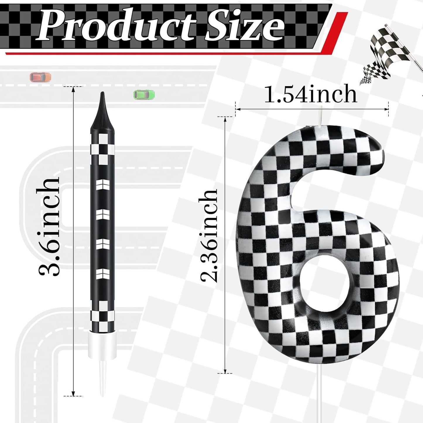 13 Pcs Racing Cars Themed Birthday Candles 12 Black and White Race Number 6 Checkered Candle Cake Topper for Racing Car Party Decoration Supplies (Number 6)