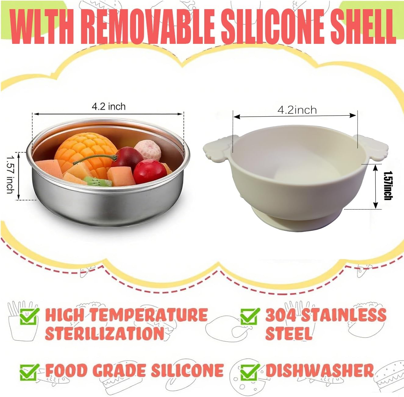 6 Pack Stainless Steel Bowls,suction two-in-one, BPA-free detachable silicone sleeve, anti-slip, heat-resistant, unbreakable, dishwasher safe, suitable for fruits, vegetables and rice