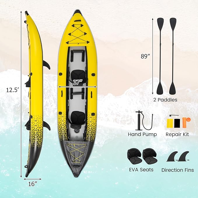 S AFSTAR Inflatable Kayak, 2 Person Canoe with 507 lbs Capacity, Drop-Stitch Floor, All Accessories & Carry Bag, 12.5 ft Large Sit in Tandem Kayak for Fishing, Camping & Exploring for Adults