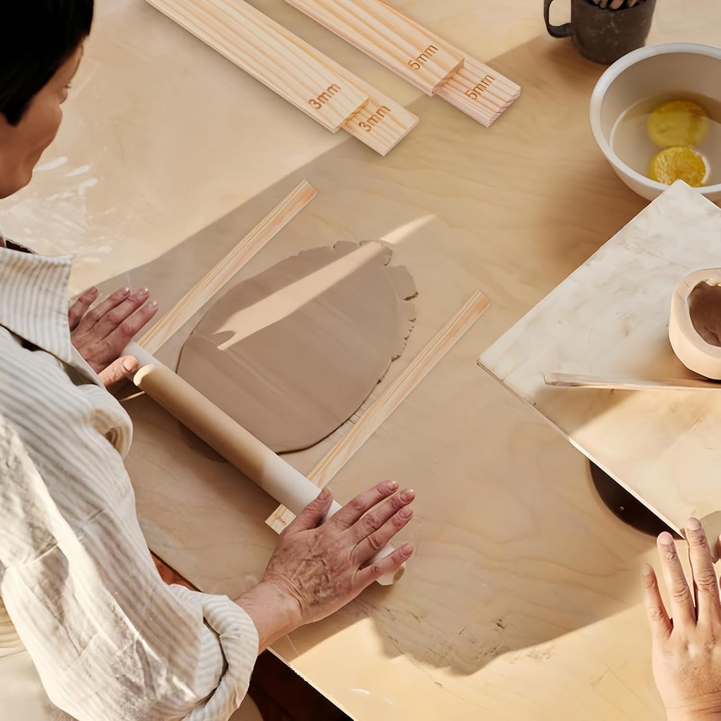 11 Pcs Pottery Rolling Pin Set, 5 Size Pottery Teaching Rolling Mud Stick Guide and Wooden Clay Roller, Pottery Tools for Precise Polymer Clay Thickness Measurement, Clay Tools Gifts Craft