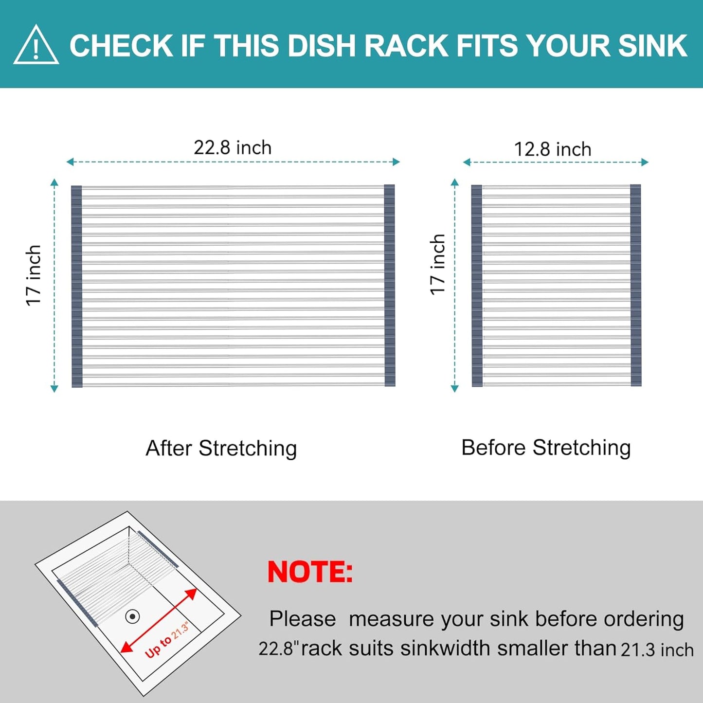 BBXTYLY Extra Large Expandable Roll Up Dish Drying Rack,Over The Sink Drying Rack Sink Cover Kitchen Sink Accessories Kitchen Rolling up Stainless Steel Drainer, Foldable,Rollable（Grey，22.8''-17''）