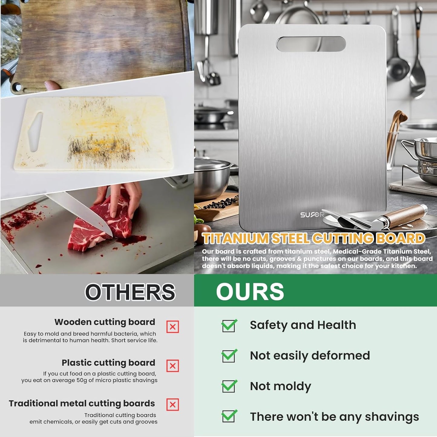 2 Pack Titanium Cutting Board, 100% Pure Titanium Cutting Boards For Kitchen, Non-Slip Chopping Board, Dishwasher Safe, Easy to Clean, Durable & Hygienic for Meat, Vegetables, Fruits (18 * 12)