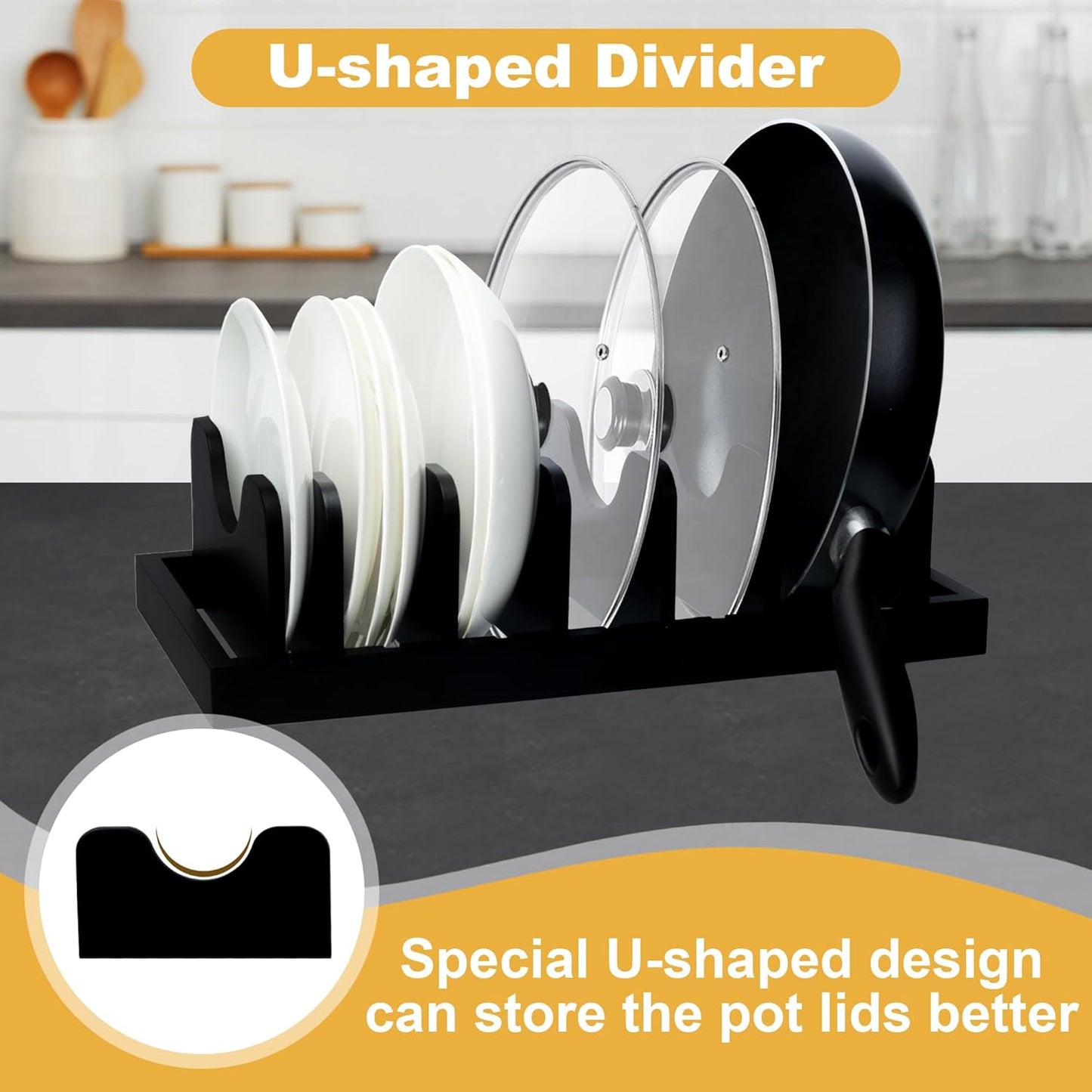 MinBoo Bamboo Pot Lid Organizer Pot Lid Holder, Pot and Pan Organizer Drawer Organizer for Pot Lids, Pans, Cutting Boards & Baking Sheets, Dinner Plates, Reusable Containers in Cabinet Storage,Black