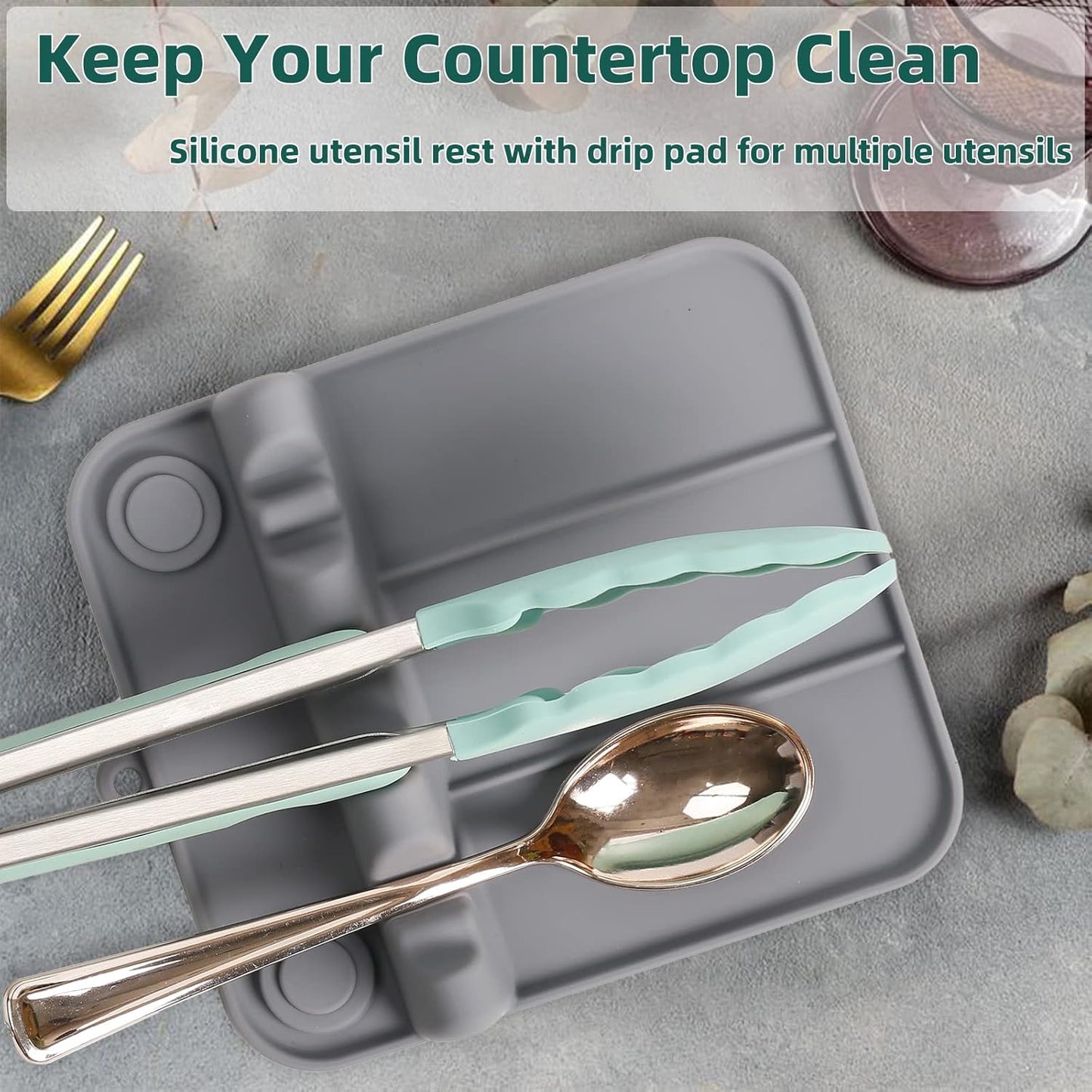 Spoon Rest, Silicone Spoon Holder for Stove Top with Drip Pad Suitable for Multiple Kitchen Gadgets, 3 Grooves Upgraded Utensil Rest for Kitchen Counter, Heat Resistant Dishwasher Safe Gray