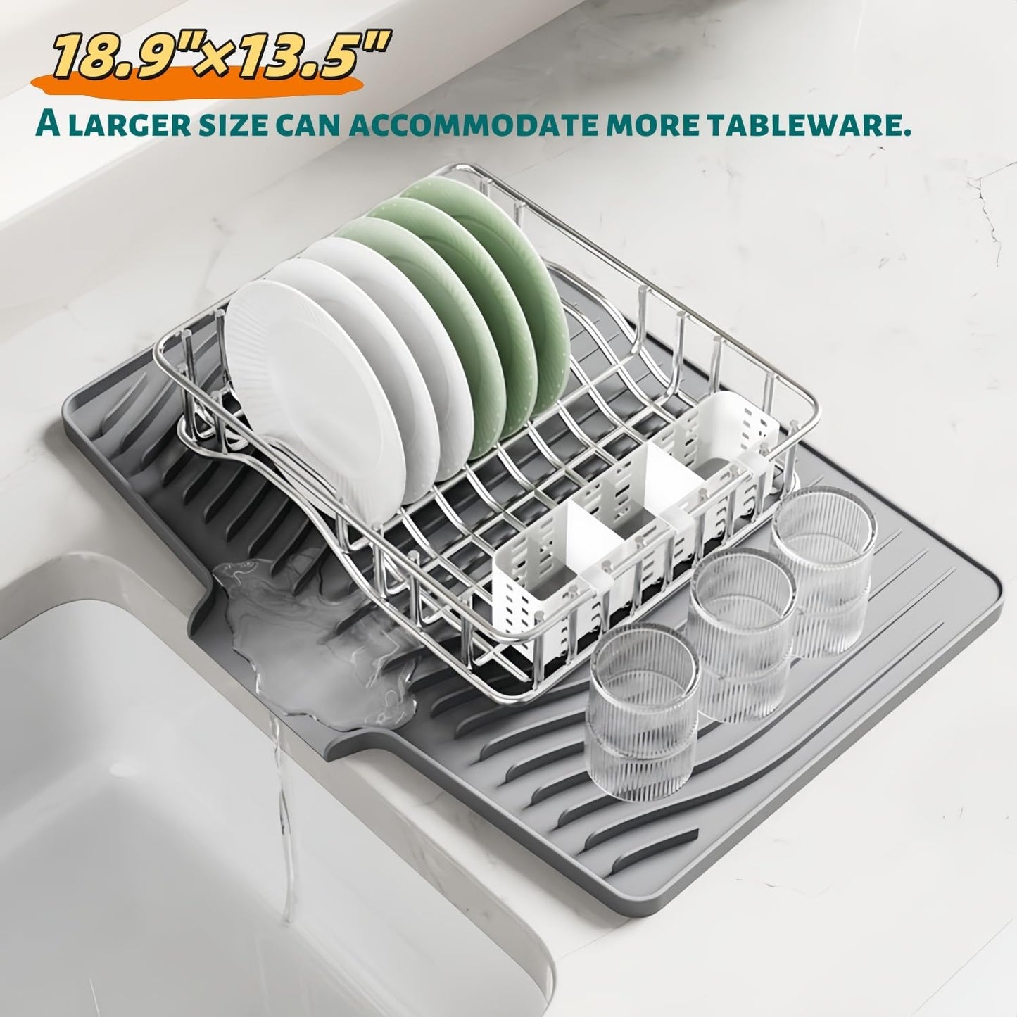 CIEO Silicone Dish Drying Mat for Kitchen Counter, Slope Fast Self-Draining, Non-Slip Drain Pad, Easy Clean Countertop Protection Mat, Multiple Use for Dishes Drying Rack（18.9"x 13.58",Gray）