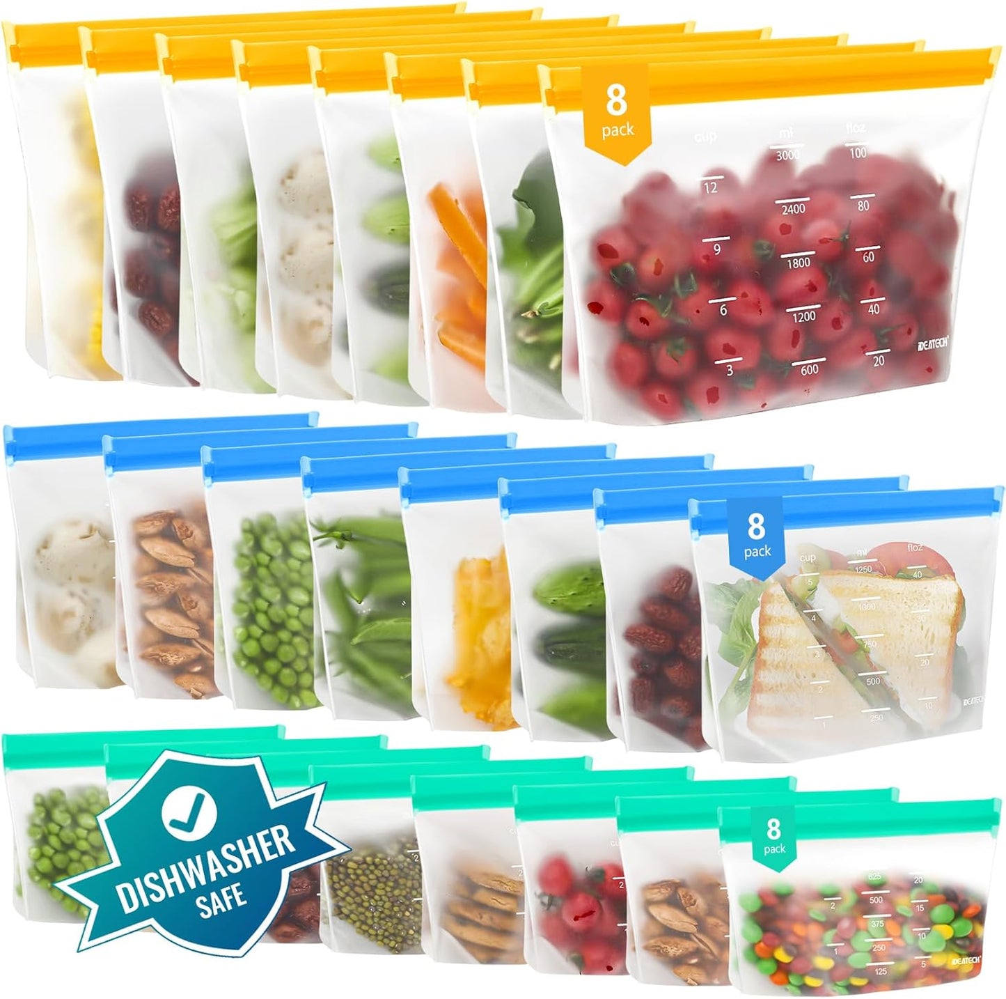 24Pack Freezer Storage Bags Stand Up, Dishwasher Safe Silicone Reusable Bags Various, BPA Plastic Free Food Containers for Lunch, Fruits, Veggies (8Gallon+8Sandwich+8Snack)