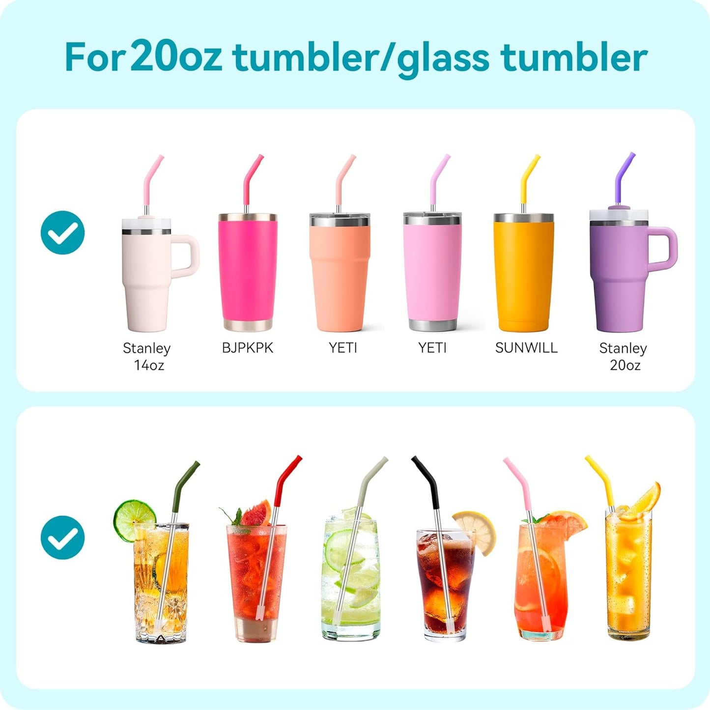 6 Pcs Reusable Metal Straws, Stainless Steel Straws with Silicone Tip for 20 oz Tumbler, Long Drinking Replacement Straw for YETI, STANLEY, US Acrylio, BJPKPK, Simple Modern and so on