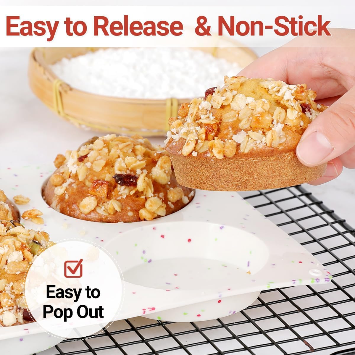 CAKETIME 4 Inch Muffin Top Pan, Silicone Molds for Breakfast Sandwiches, English Muffins, Whoopie Pies, Corn Bread, Egg Bites, Tarts - 2 Pack Confetti