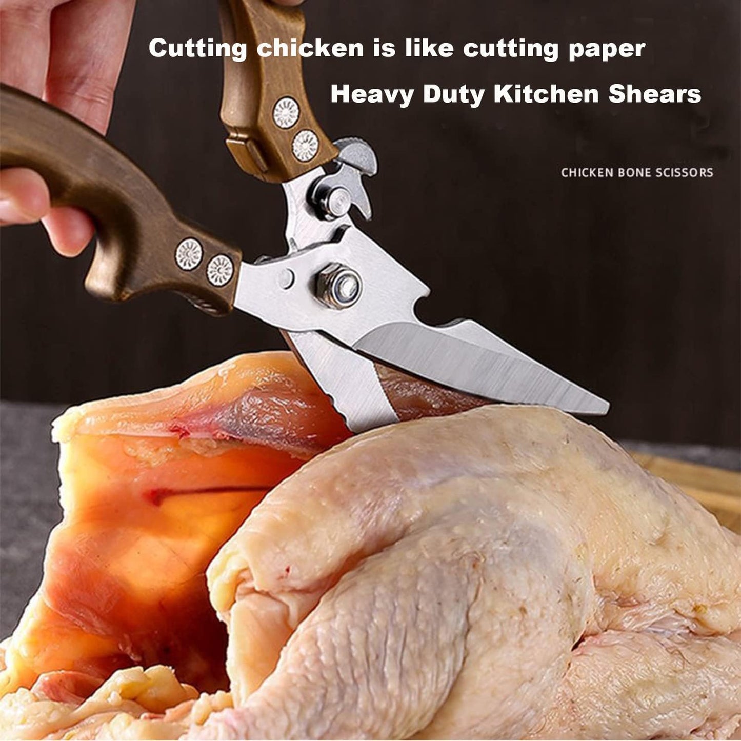 ANDONG Kitchen Shears - Heavy Duty Stainless Steel Poultry, Meat & Bone Scissors with Black Leather Sheath for Food