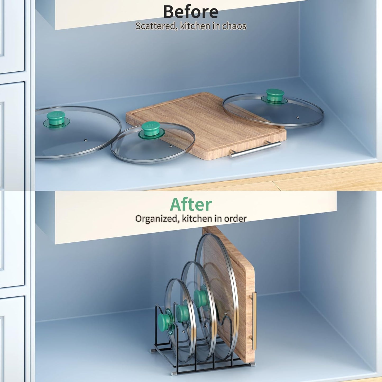 Pot Lid Organizer Rack,1.6in Wide Cutting Board Organizer for Pan Lids,Baking Sheets,Cookie Sheets, with 4 Slots,Cutting Board Holder Rack(2PC-Medium)