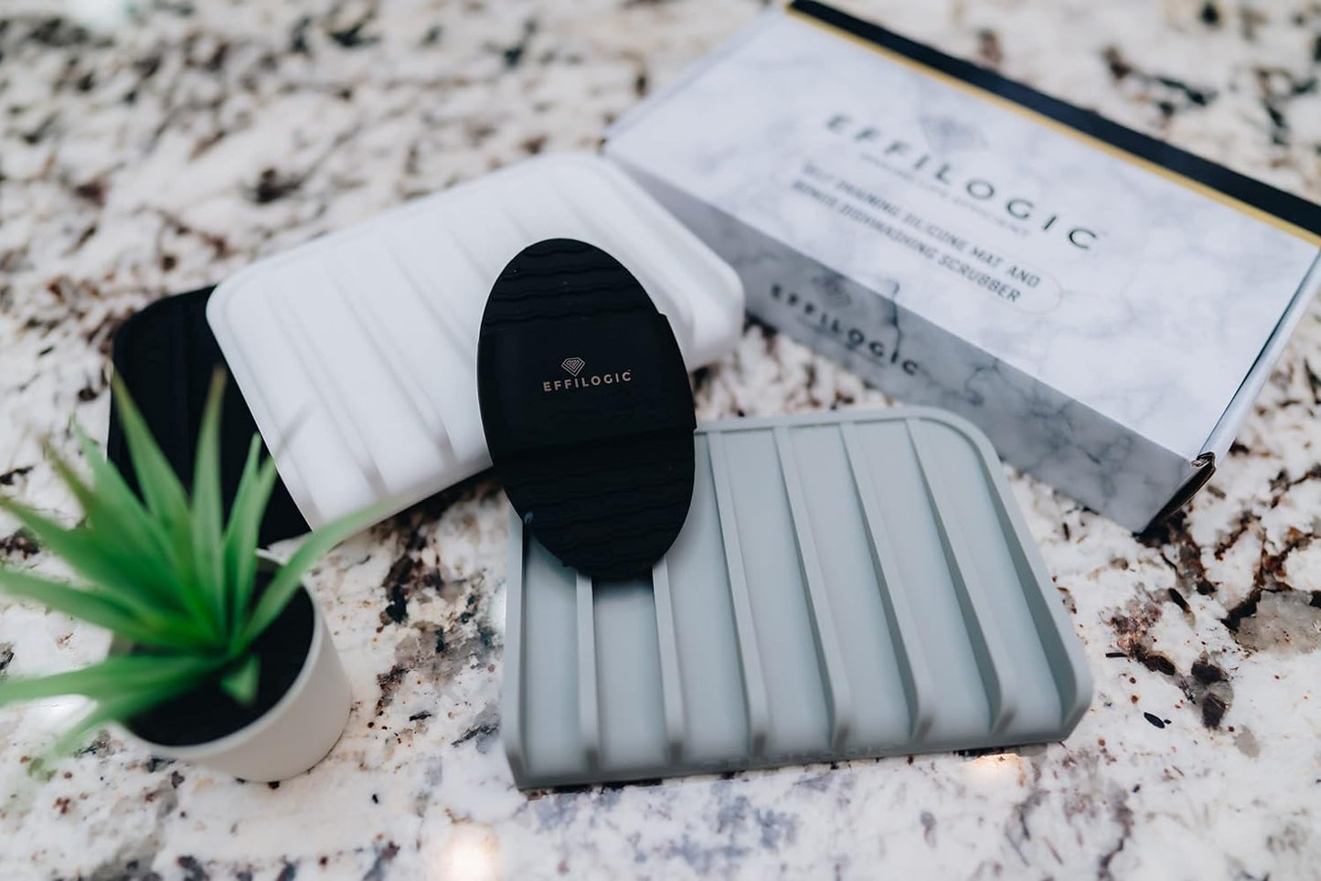 Effilogic Silicone Sponge Holder – Self-Draining Kitchen Sink Organizer, Quick Dry Mat and Counter Protector – Dishwashing Accessories for Sponges, Brushes, and Soap - Medium White