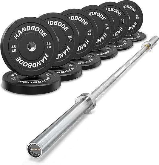 Olympic Bumper Plates Set 2 Inch, 10-55 lbs Rubber Weight Plates with 45 lb (20kg) Black/Silver Barbell, Strength Training & Weight Lifting for Home Gym