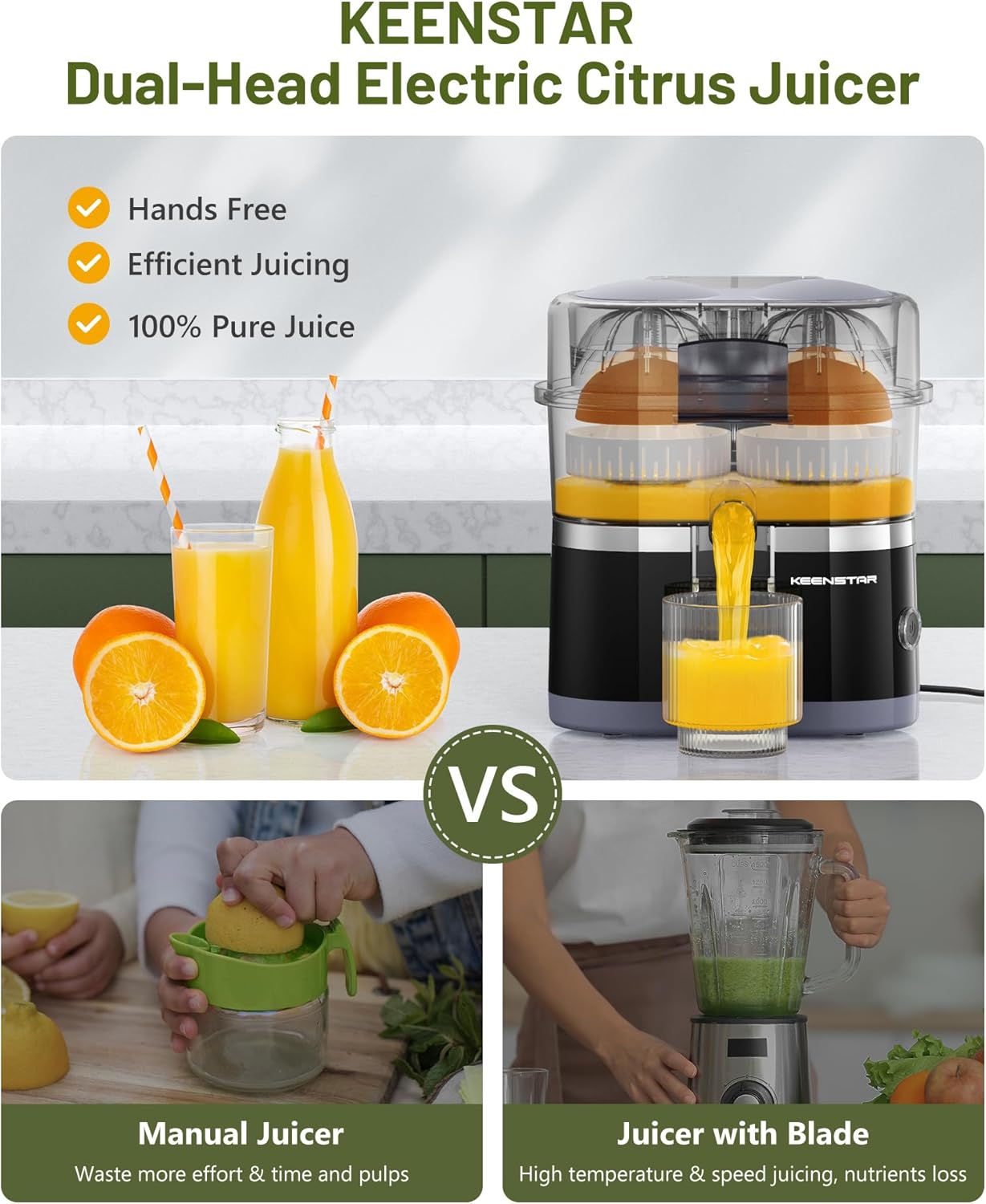 Electric Citrus Juicer, Dual-Head Orange Juicer Squeezer, Portable Juicer with Cleaning Brush for Lemon, Grapefruit, High Juice Yield, Easy to Clean, One Touch Operation
