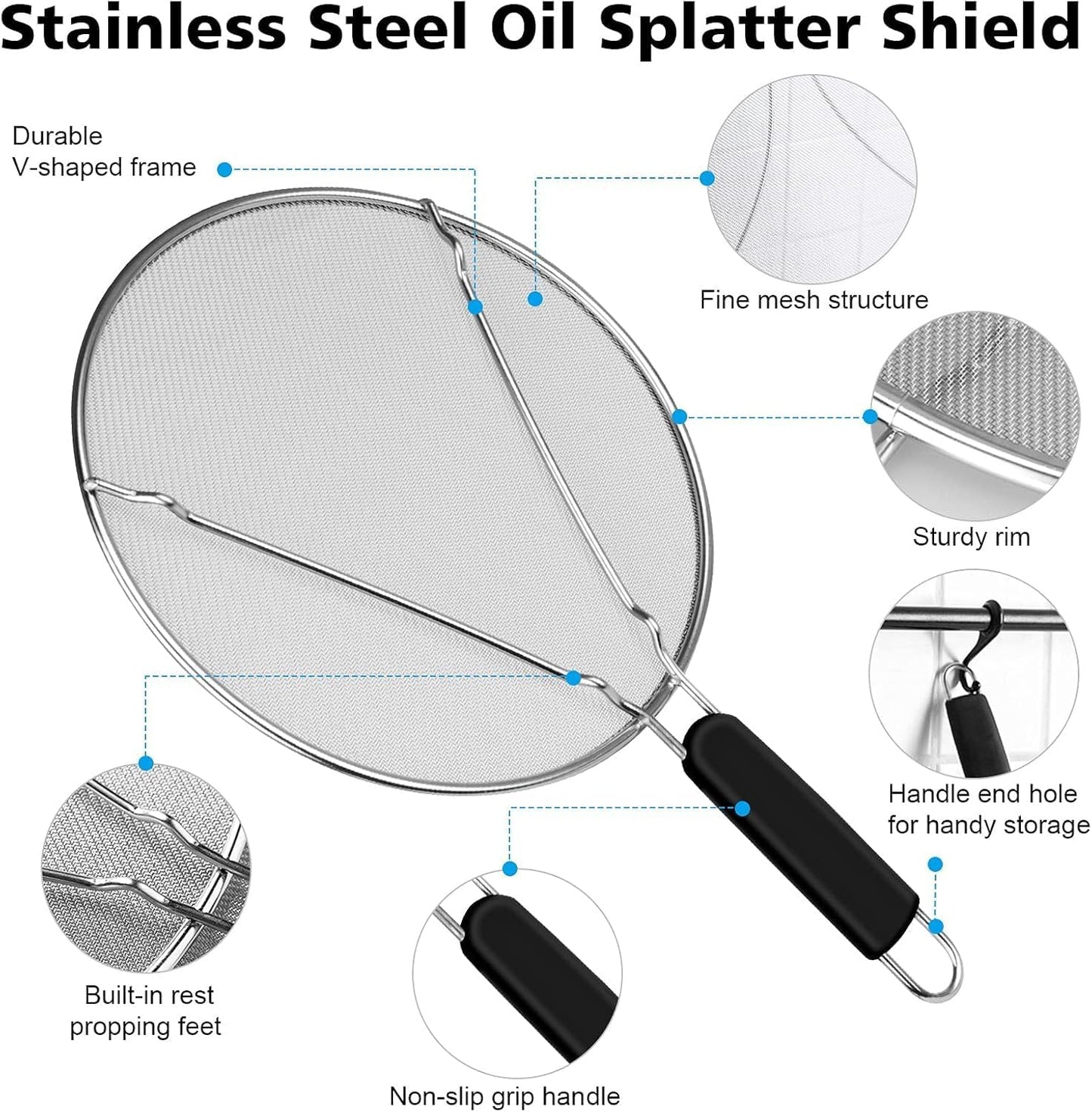 Splatter Screen for Cooking - Stainless Steel Grease Splatter Guard for Frying Pan, Ultra Fine Mesh Lids Set of 3(9.8", 11.4", 13")