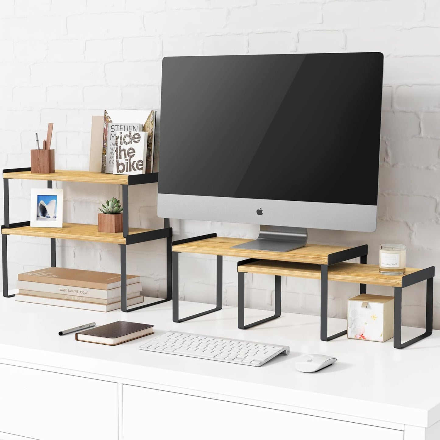 Kitchen Cabinet Organizer Shelf Set of 4, Stackable Pantry Cupboard Countertop Storage and Organizer, Desk Shelf Riser, Spice Plate Cup Expandable Storage Rack,(Black Bamboo) Large