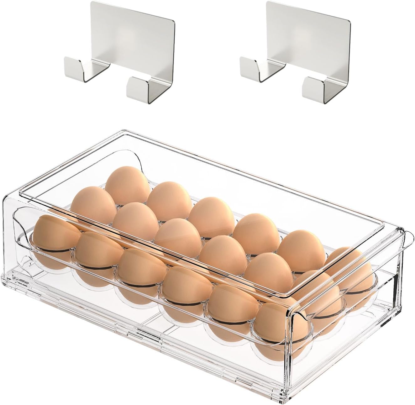 BPA Free Stackable Egg Container - 18 Egg Refrigerator Organizer with 2 Kitchen Hooks, Clear