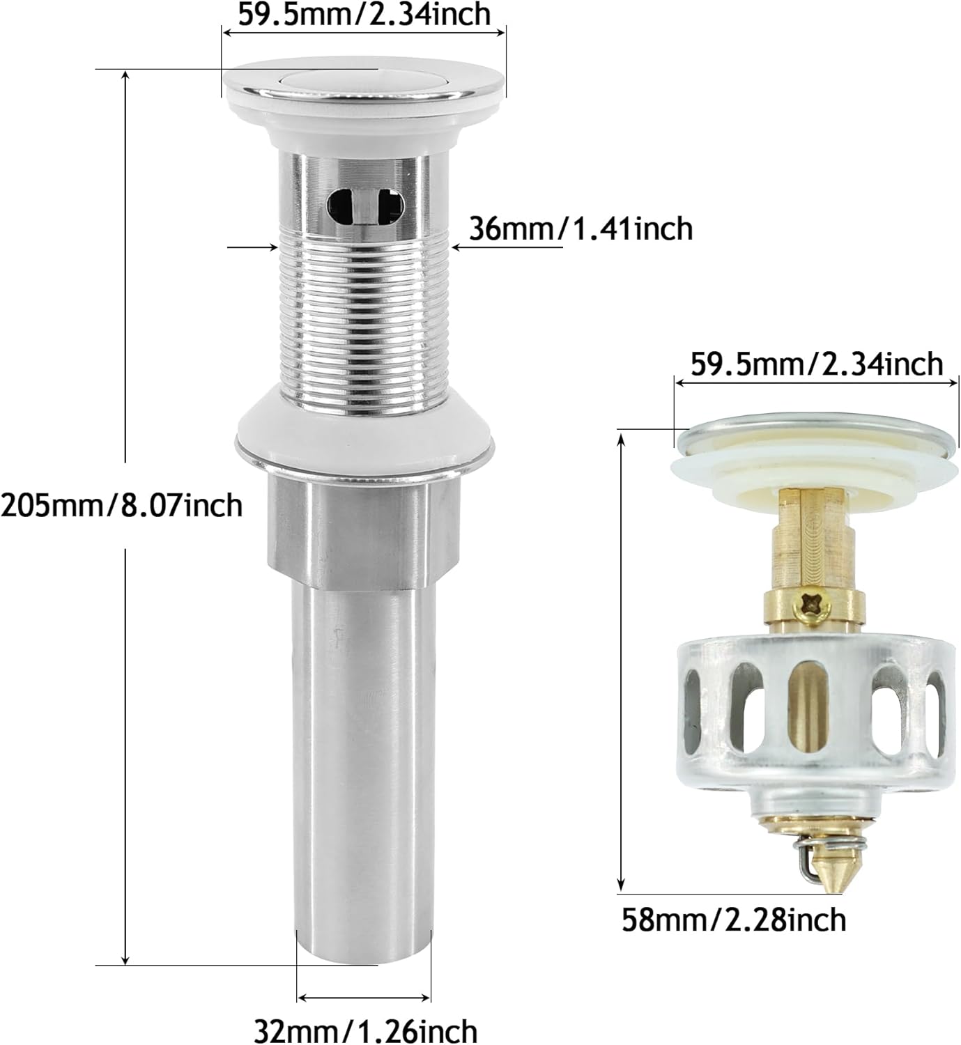 Bathroom Sink Drain,Drain Stopper Bathroom Sink with Overflow,Small Cap Pop Up Drain Assembly with Detachable Strainer Basket,Built-in Anti-Clogging, Stainless Steel Nut Brushed Nickel