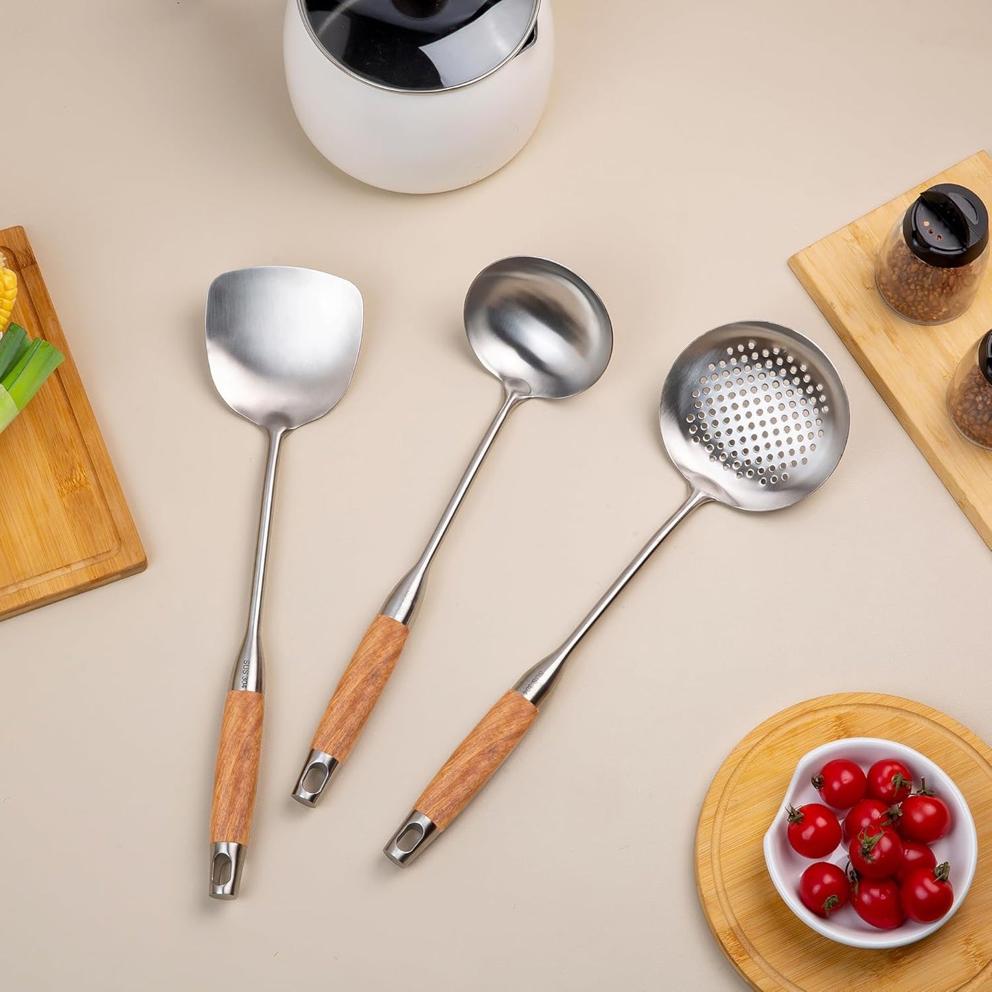 FJNATINH Wok Utensils - Wok tTools - Spatula and Ladle, Skimmer Spoon Set Metal 304 Stainless Steel Kitchen Cooking Utensils Sets, 3-Pieces Wok Tools, Wooden Handle 14-15 Inch