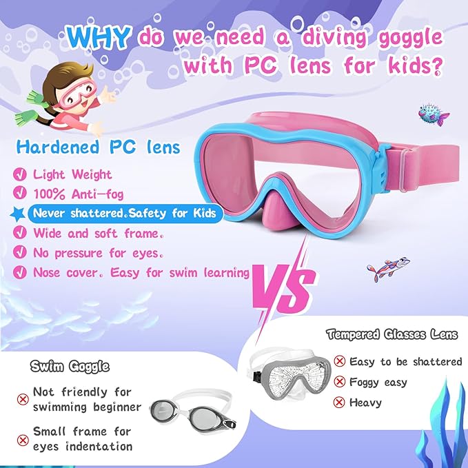 Kids Swim Goggles 180° Snorkel Diving Mask with Nose Cover, Anti-Fog Kids Swimming Goggles with Elastic Fabric Strap for Kids Boys Girls