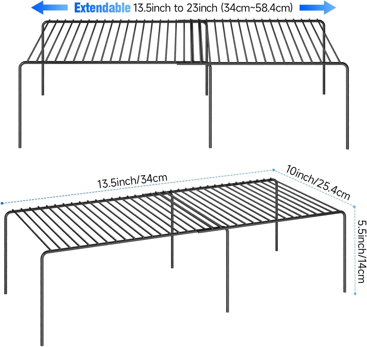 Expandable Storage Shelf, Pantry Organizers and Storage, Adjustable Rustproof Metal Wire Spice Rack, Space Saver Kitchen Storage Shelves for Pan, Pot, Countertop, Drawer, Fridge, Set of 2, Black