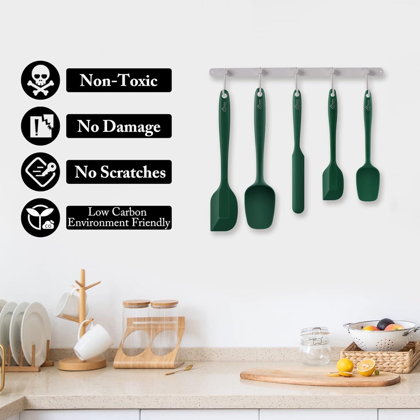 HOTEC 600℉ Heat Resistant BPA-Free Silicone Rubber Spatula Set,Kitchen Cooking Spatulas, Baking, Mixing for Non Stick Cookware, Dishwasher Safe, Dark Green Set of 5