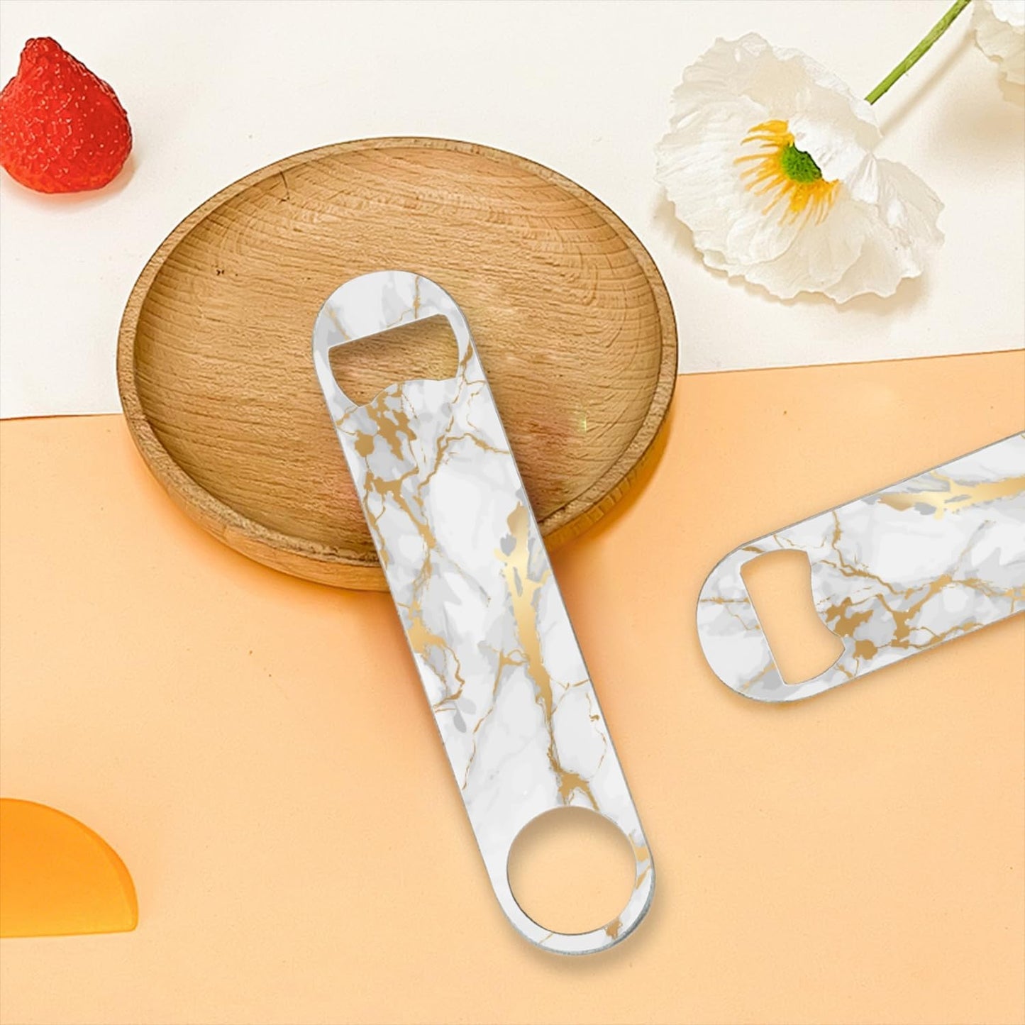 2 PACK Beer Bottle Opener, Stainless Steel Flat Bottle Openers,7 inch Metal Decor,White And Golden Marble