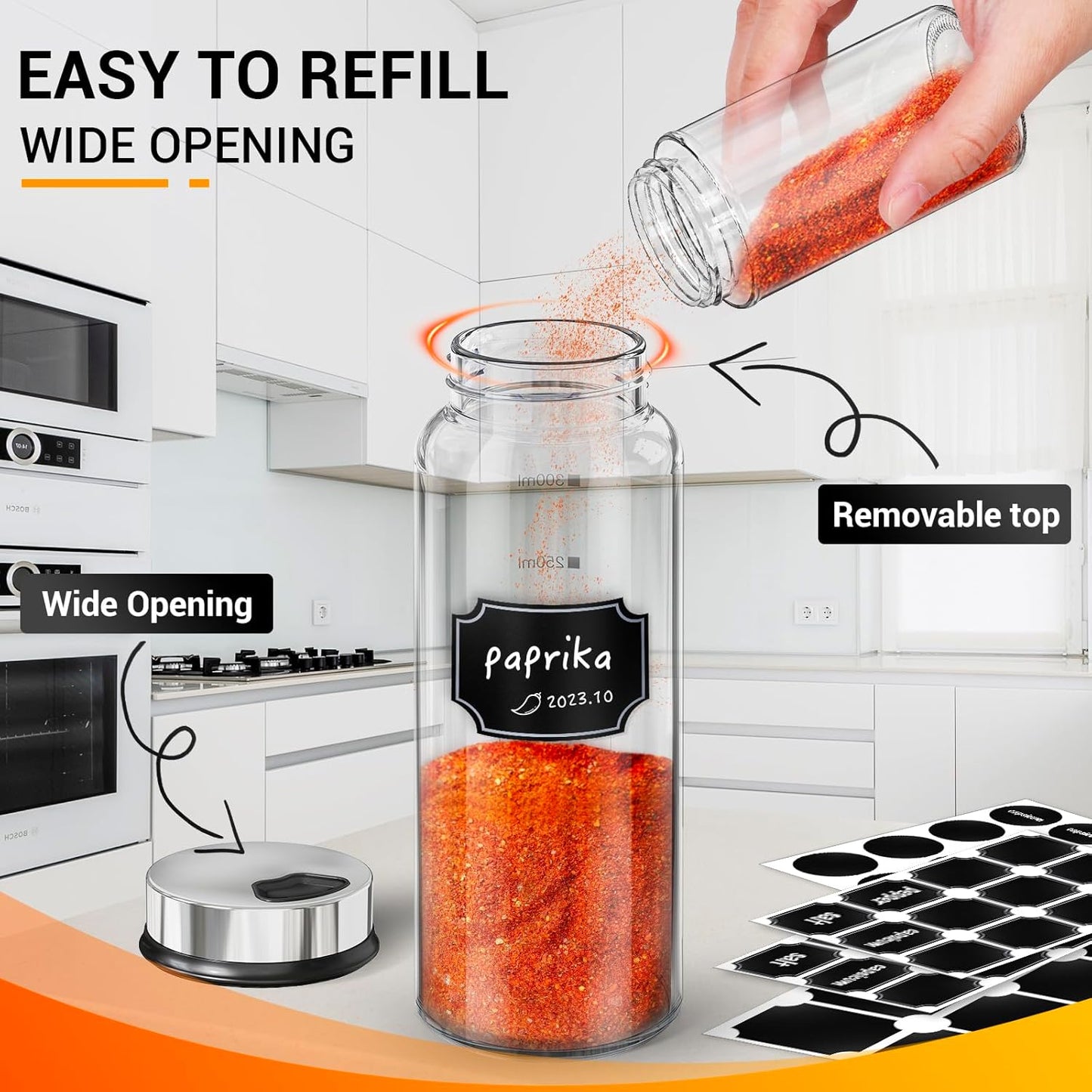 Segarty Spice Jar with Labels Set, 6 Pack 10oz Large Spice Jars with Shaker Lids, Empty Glass Spices Bottles for Salt Pepper Sugar, Seasoning Shakers with 136 Stickers, 1 Chalk Marker and 1 Brush