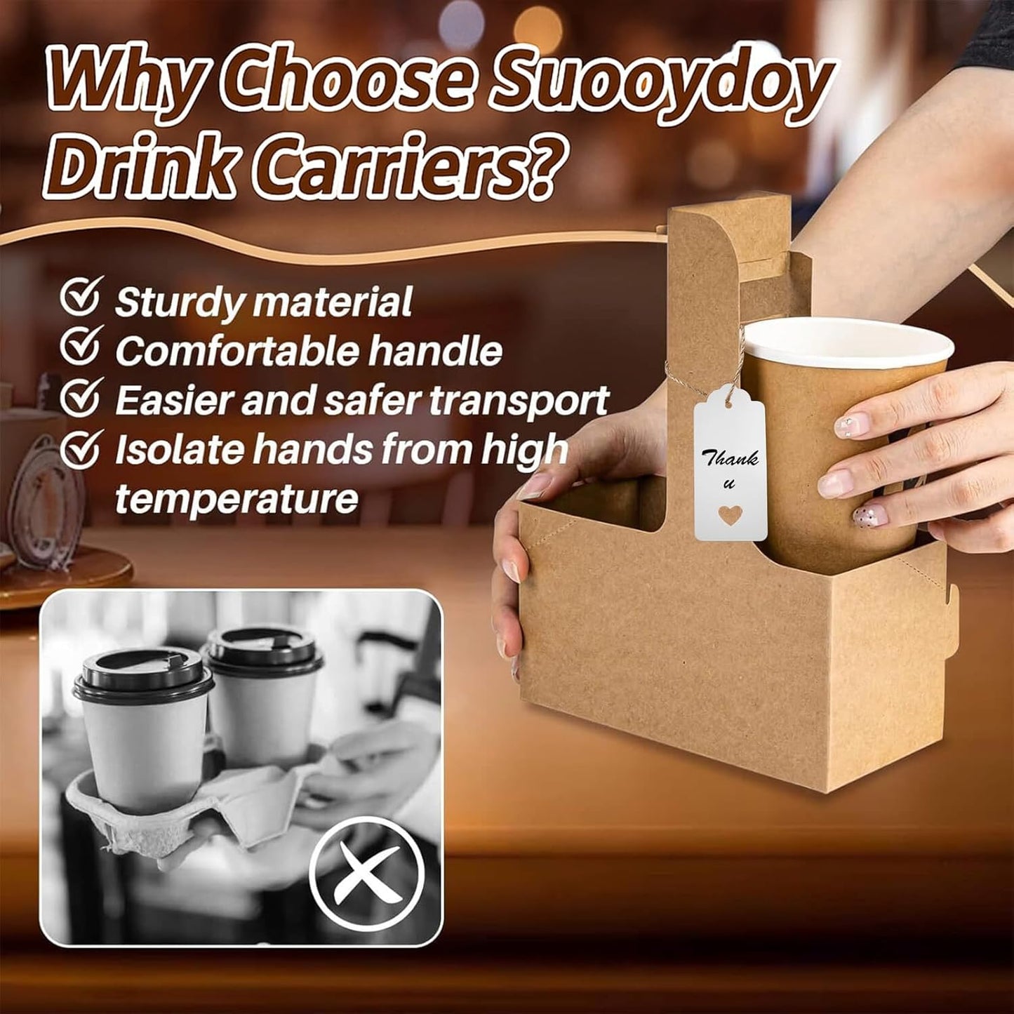 30 Pack 2 Cup Disposable Drink Carrier with Handle Paperboard Coffee Cup Holder Portable for Hot Cold Drinks Food Delivery Services with Heart Card for Teacher Appreciation Week Mother's Day