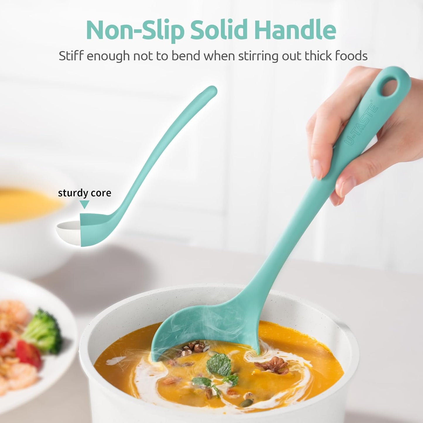 2.6oz Small Silicone Soup Ladle: U-Taste 600ºF Heat Resistant Non-Stick Kitchen Deep Serving Spoon, Soft Cooking Utensil with Non-Slip Solid Handle for Mixing Sauce Stew Gravy (11in, Aqua Sky)