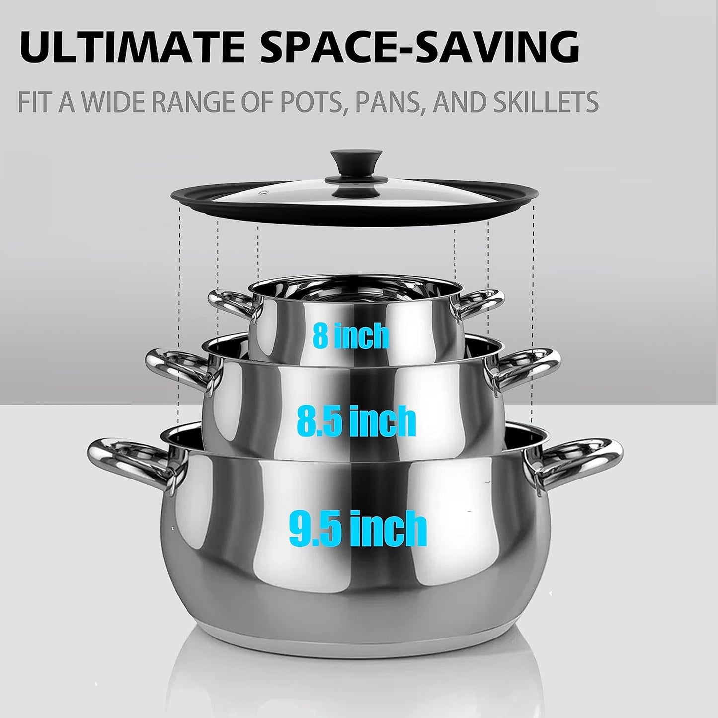 Tempered Glass Lid - Universal Lid with Heat Resistant Silicone Rim for Pots, Pans and Skillets - Pan Cover Replacement Lid Fits 8", 8.5" and 9.5" Diameter Cookware