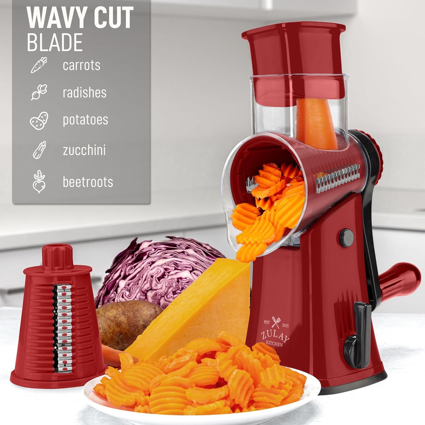 Zulay Kitchen Rotary Cheese Grater 5 Blade Cheese Shredder - Manual Hand Crank Cheese Grater With Reinforced Suction & 5 Interchangeable Drums - Easy to Use, Vegetable Chopper Round Mandoline Slicer