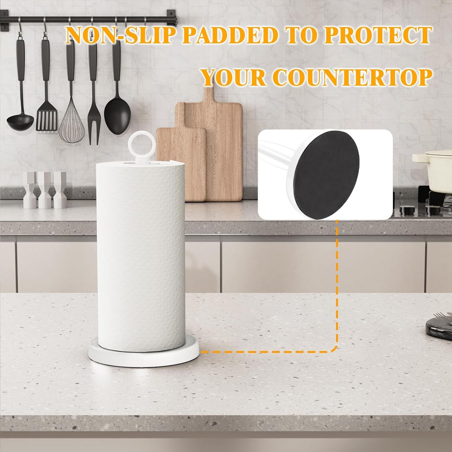 White Paper Towel Holder Countertop, White Kitchen Accessories Decor, One-Handed Tear, Stainless Steel, Weighted Base, Paper Towel Holder Stand with Ratchet System for Kitchen Farmhouse Essentials