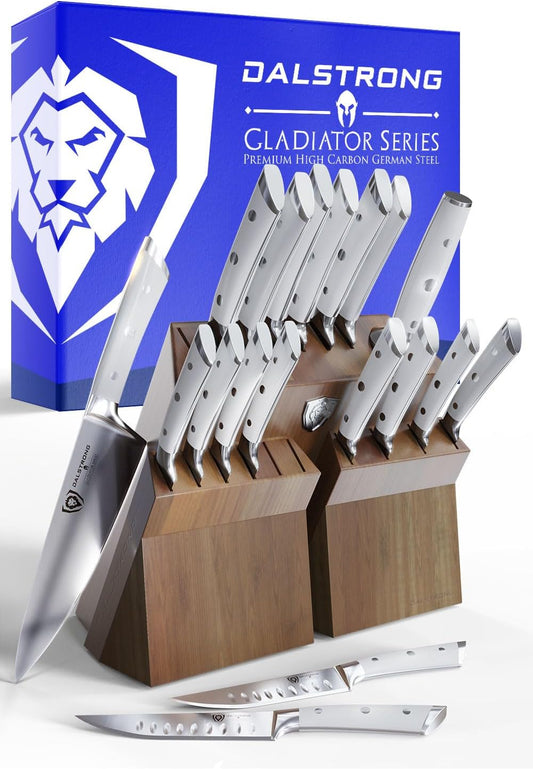 DALSTRONG Gladiator Series Elite-18pc Stainless Steel Knife Set with Block-High Carbon German Steel-Acacia Wood Block-Knife Set w/White Handles-NSF Certified-Men's Valentines Gift
