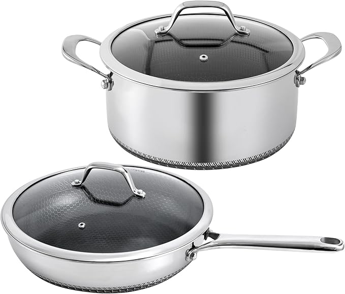 Pots and Pans Set,12 Inch Hybrid Nonstick Frying Pan & 5QT Stockpot,3 PCS Silicone Kitchen Utensils Set