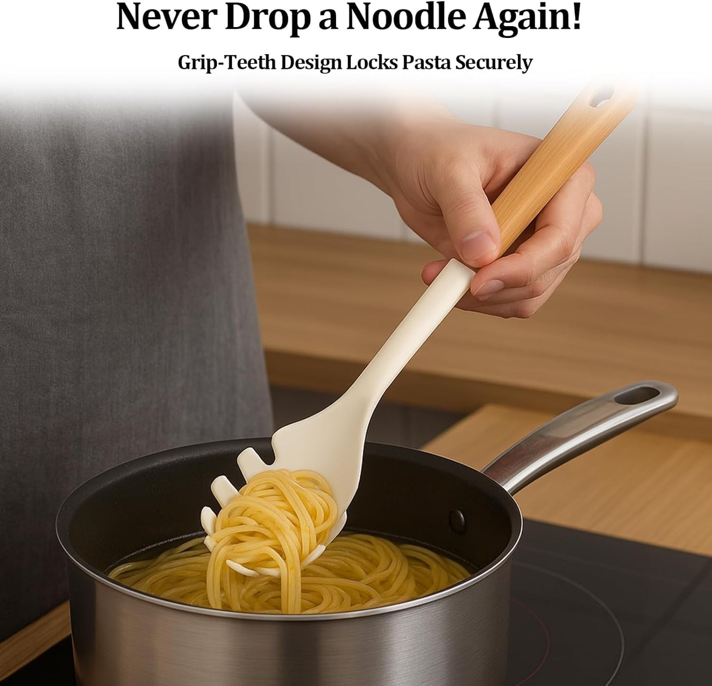 Silicone Pasta Spoon with Teeth Silicone Pasta Fork Wooden Handle Pasta Server & Spaghetti Scoop for Home Chefs, Pasta Enthusiasts