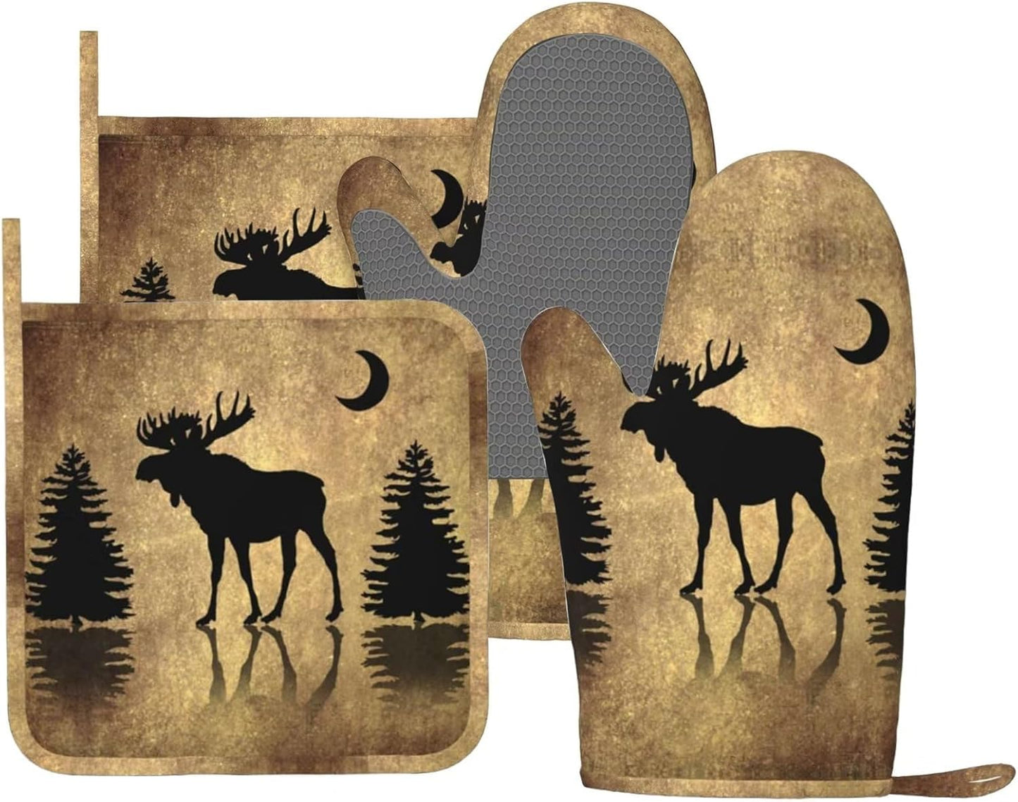 Rustic Elk Moose Deer Forest Pine Tree Moon Design Oven Mitts and Pot Holders Sets Silicone Moose Kitchen Mitts Potholders Heat Resistant 4Pcs Moose Oven Gloves Hot Pads for Kitchen