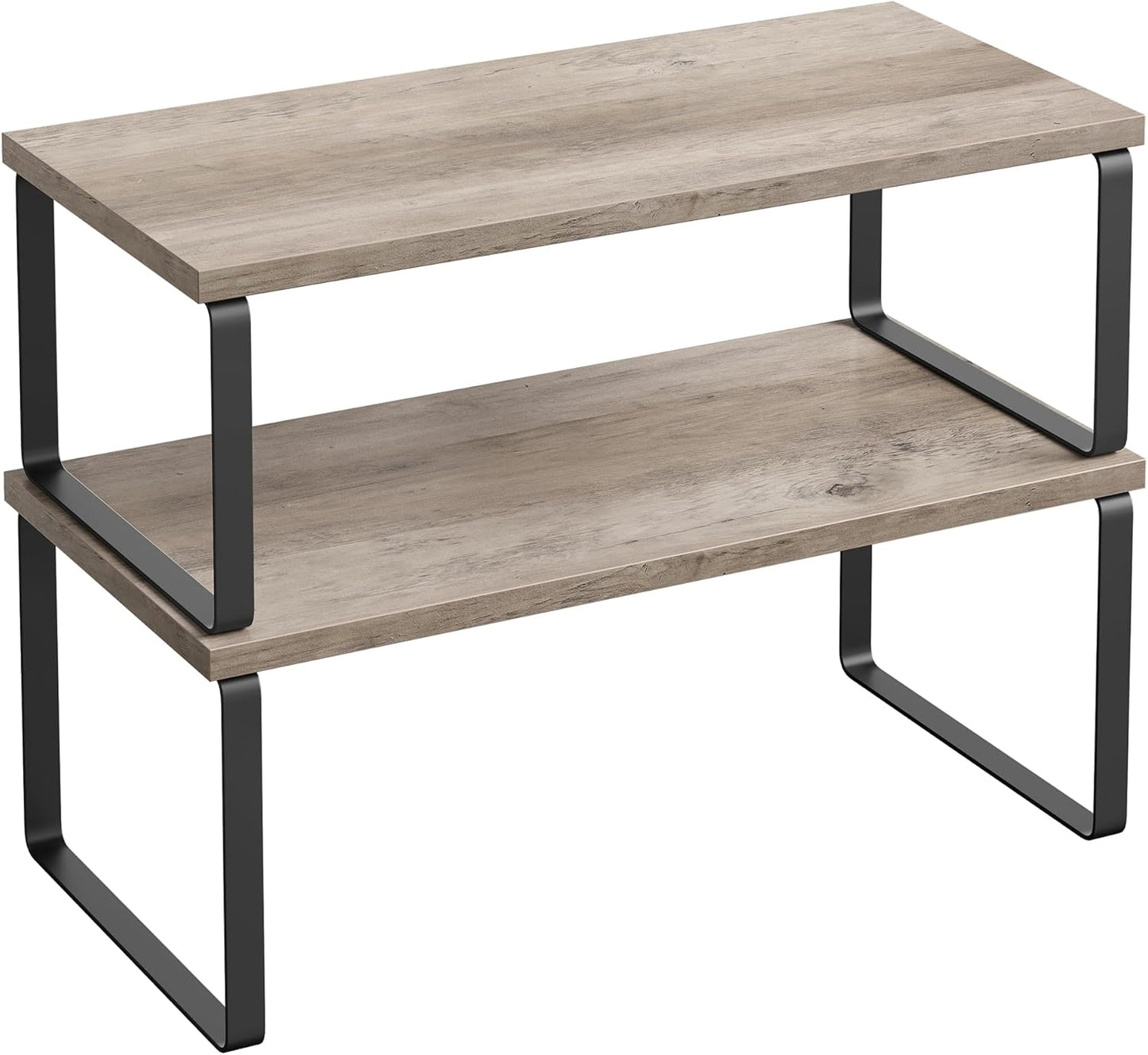 SONGMICS Cabinet Organizer Shelf, Set of 2 Kitchen Counter Shelves, Kitchen Storage, Spice Rack, Stackable, Expandable, Metal and Engineered Wood, Ink Black and Heather Greige UKCS200X02