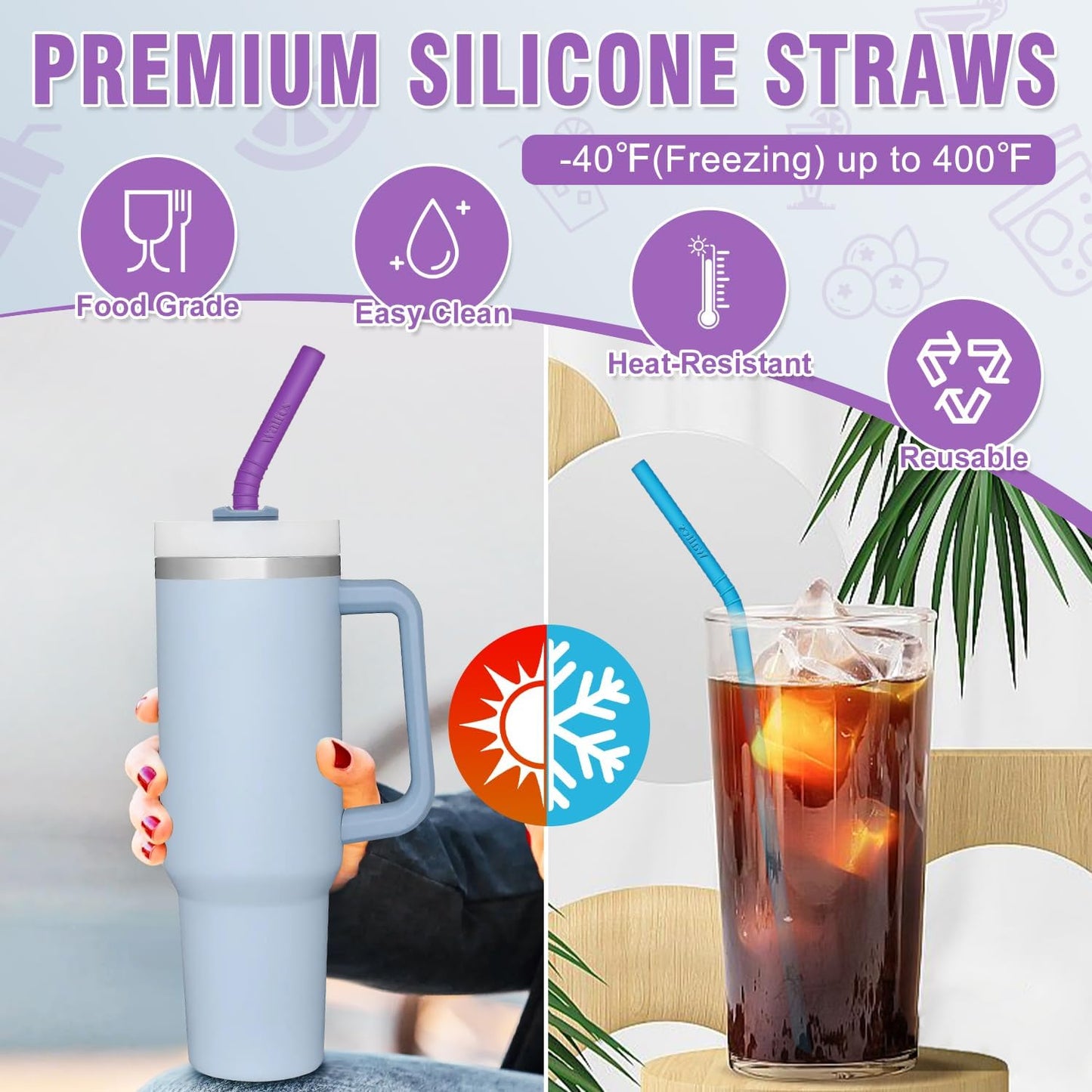 Walfos Reusable Silicone Straw - 2 Size Flexible Drinking Bendy Straws for Smoothies/20 & 30 oz Tumblers, BPA Free (4 Wide Straws + 4 Regular Straw + 2 Cleaning Brushes Excluding storage bag）