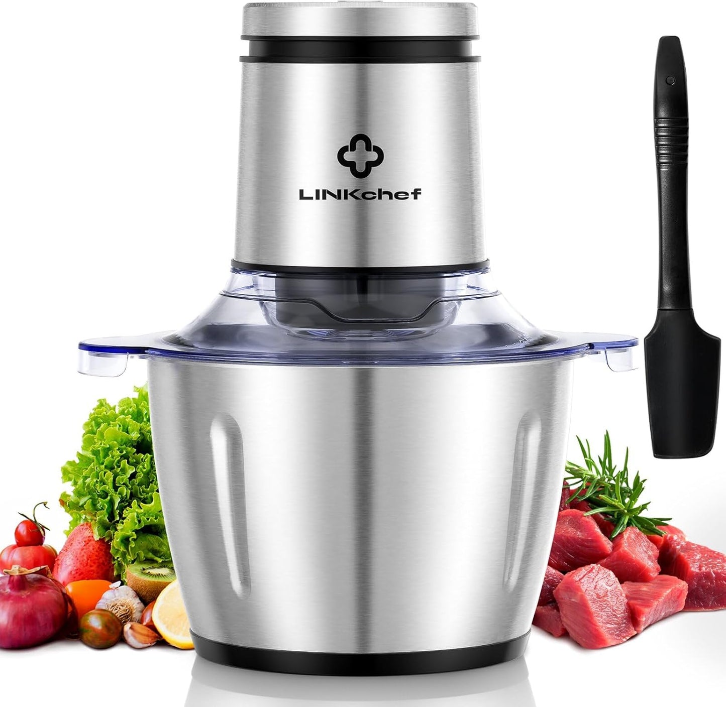 LINKChef Food Chopper, 8 Cup Food Processor Mini Electric, 2L 600W Meat Grinder with 4 Bi-Level Blades, Stainless Steel Mincer for Kitchen, Vegetable, Onion, Garlic, Salad, Baby Food, Fruit, Nuts