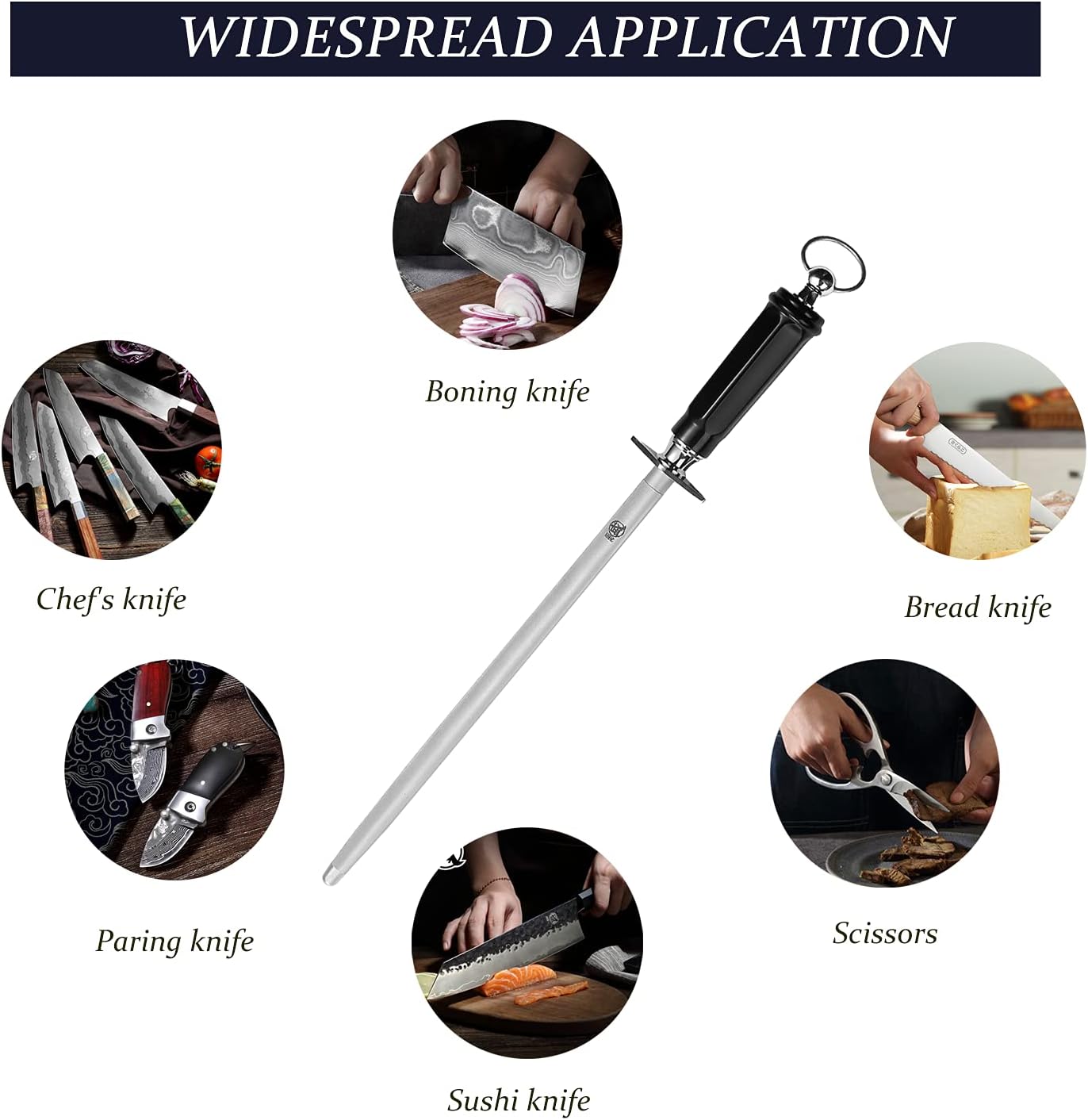 MITSUMOTO SAKARI 10 inch Japanese Honing Steel - Round Diamond Knife Sharpening Rod, Professional High Carbon Sharpener with ABS Handle & Powerful Magnet