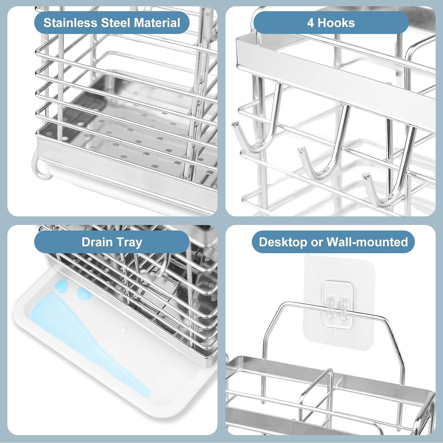 Utensil Holder, Stainless Steel Utensil Drying Rack with Drain Tray, Kitchen Counter Drainer Basket Silverware Cutlery Flatware Holder Forks, Knives, Spoons, Chopsticks Organizer (Silver)