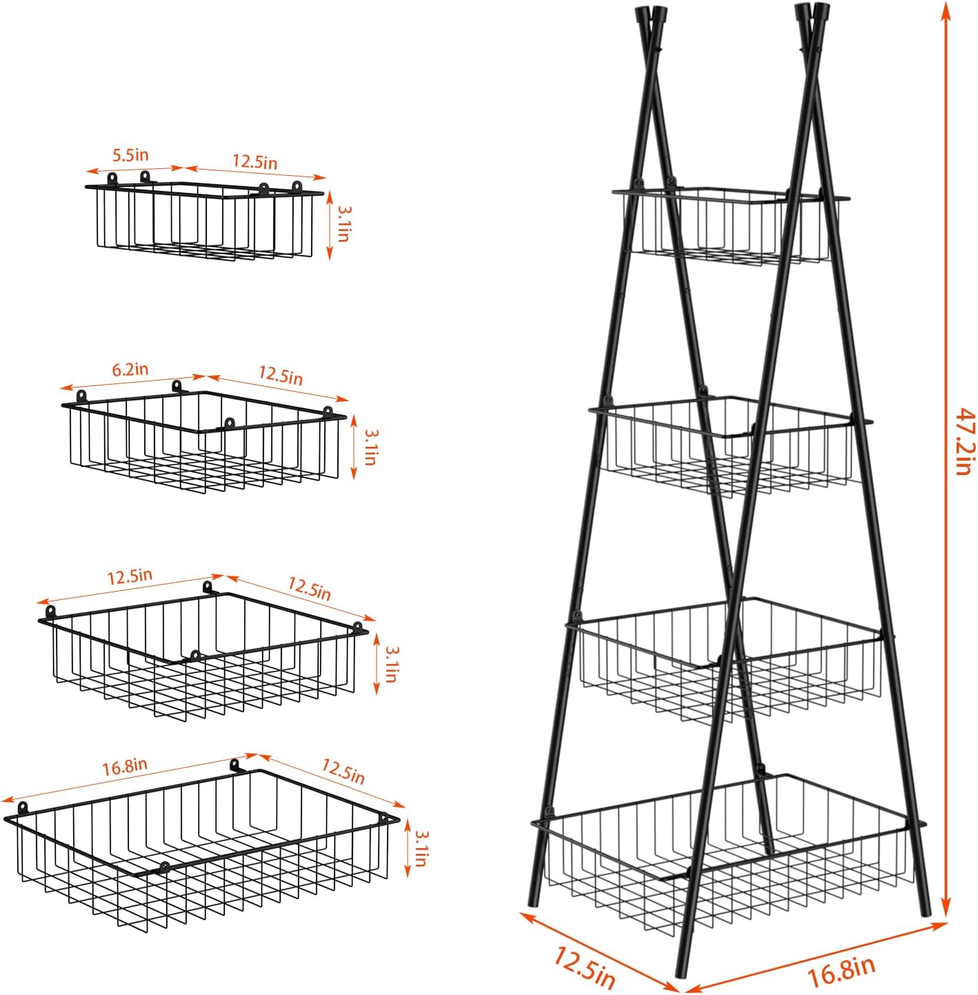 Wire Basket Stand for Kitchen and Bathroom 4 Tier Fruit Storage Basket Metal Floor Standing Vegetable Holder, Black