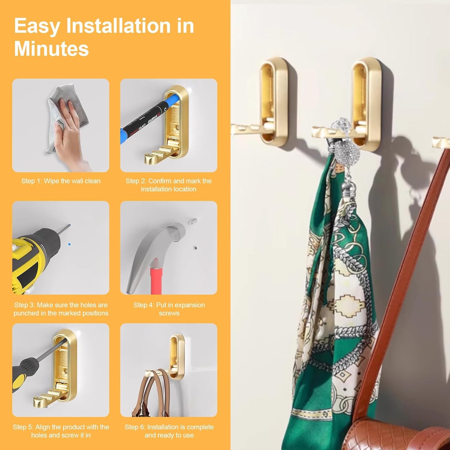 Heavy Duty Gold Folding Wall Hooks 2 Pack, Space Saving Foldable Coat Hooks for Bathroom, Closet, Entryway, Kitchen, Towel, Robe, Bag, Hat Hanging, Easy Mount, Zinc Alloy, Corrosion-Resistant ﻿