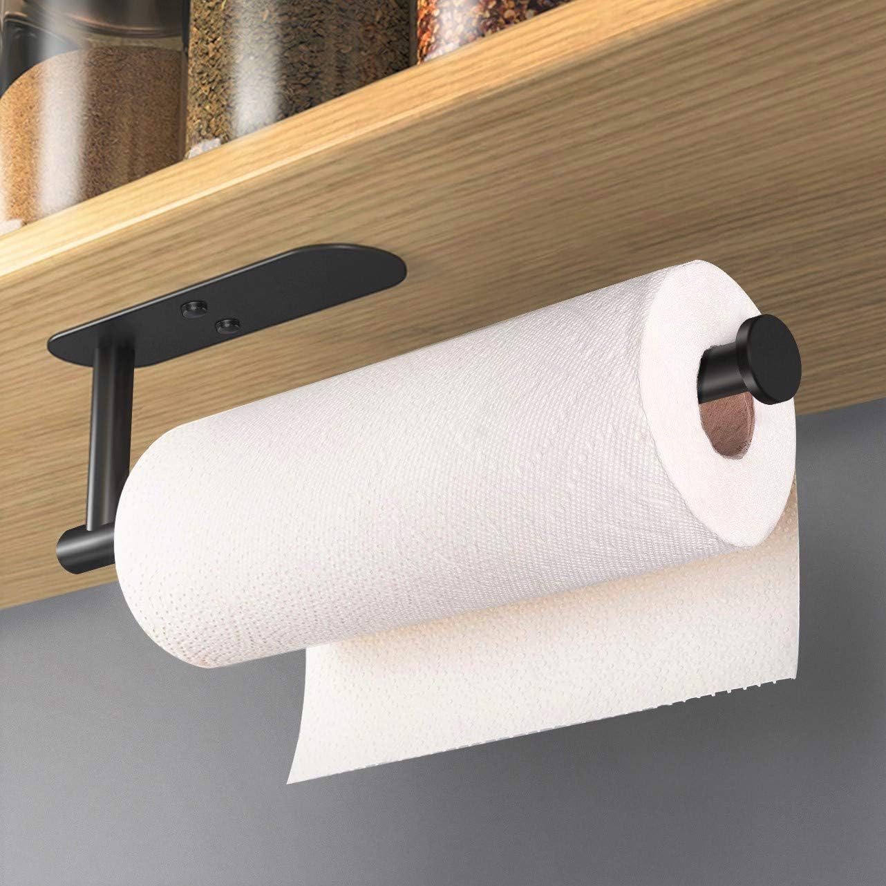 VAEHOLD Adhesive Paper Towel Holder Under Cabinet Wall Mount for Kitchen Paper Towel, Black Paper Towel Roll Holder Stick to Wall, Stainless Steel（Black）