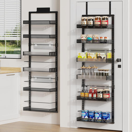 6-Tier Over the Door Pantry Organizer, 2 in 1 Large Door Spice Rack with Adjustable Metal Baskets, Heavy Duty Hanging or Wall Mounted Storage Organizer for Kitchen Pantry and Room Wall